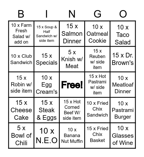 Myron's Menu Bingo Card