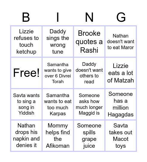 Pesach Seder #1 Bingo Card