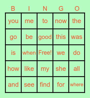 Kindergarten Sight Words Bingo Card
