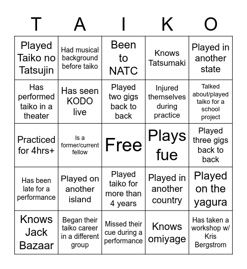 Taiko Bingo Card