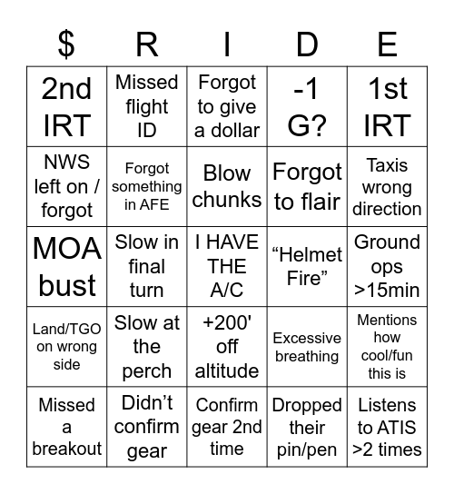 $ Ride Bingo Card