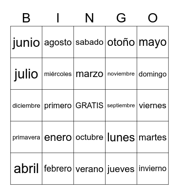 Days-Months-Seasons Bingo Card