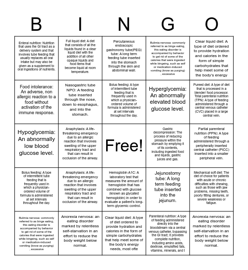 Nutritional Care and support Bingo Card
