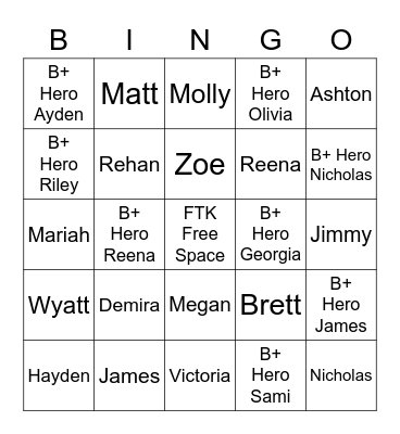 B+ Hero Bingo Card