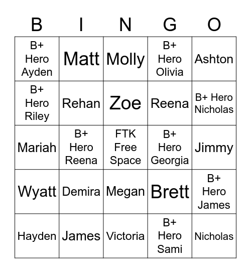 B+ Hero Bingo Card
