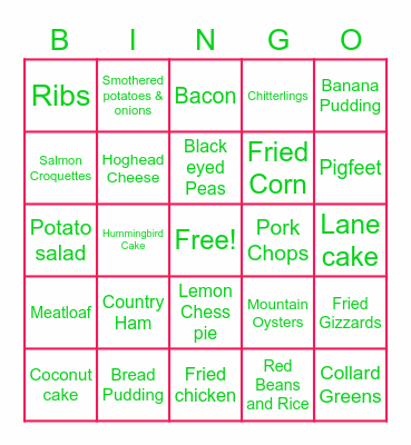 "Silver Star" Soul Food Bingo Card