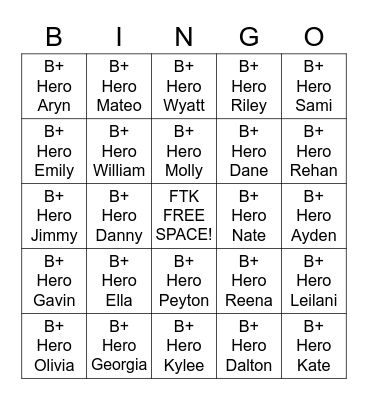 B+ Hero Bingo Card