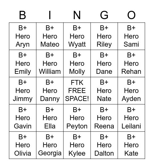 B+ Hero Bingo Card