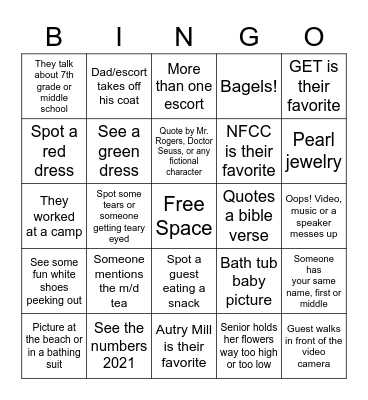 Senior Recognition Bingo Card