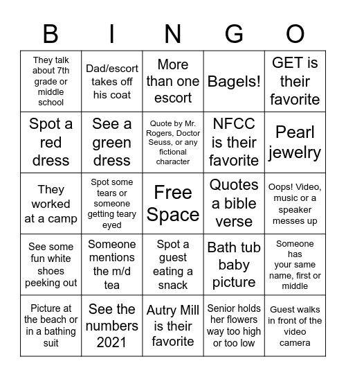 Senior Recognition Bingo Card