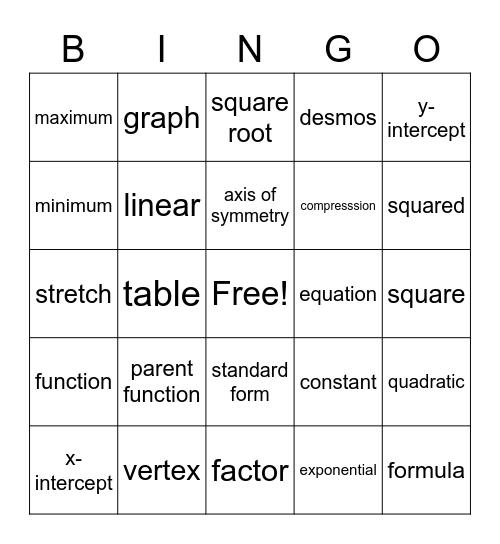 Quadratic Equations Bingo Card