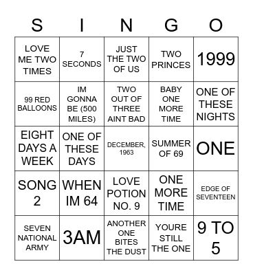 616 SONGS WITH NUMBERS Bingo Card