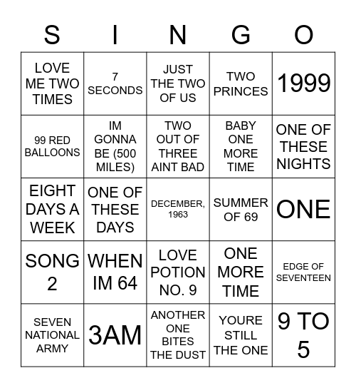 616 SONGS WITH NUMBERS Bingo Card
