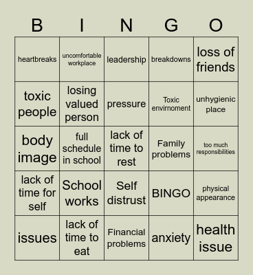 Stresses Bingo Card