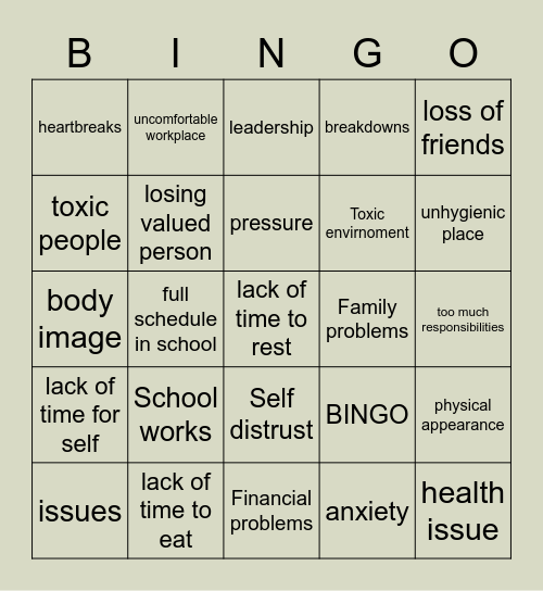 Stresses Bingo Card