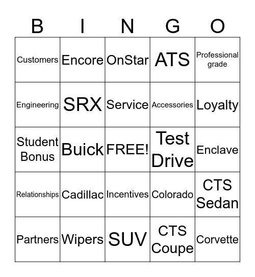 General Motors LINGO Bingo Card