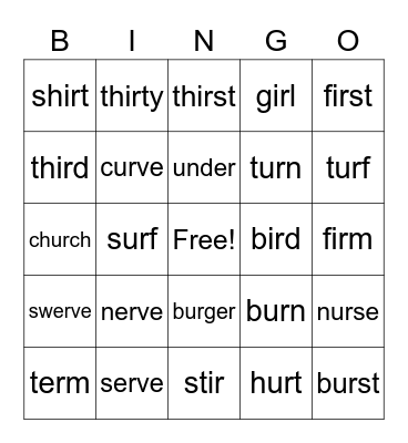 er, ur, ir Bingo Card