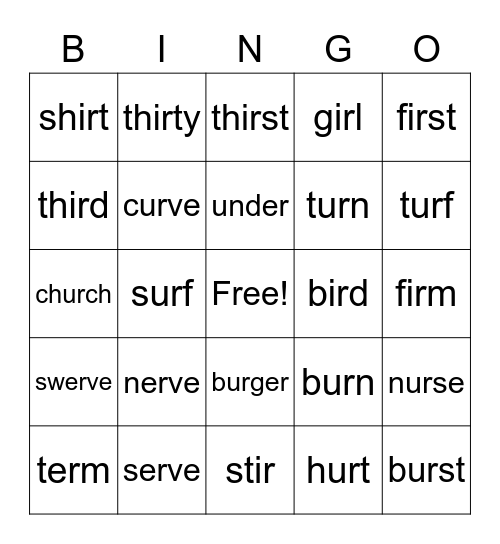 er, ur, ir Bingo Card