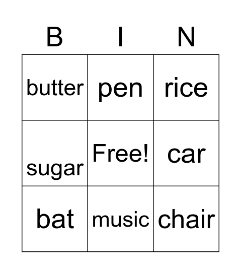 Countable, Uncountable nouns Bingo Card