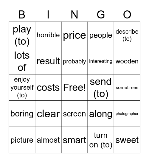 Unit 4 Bingo Card