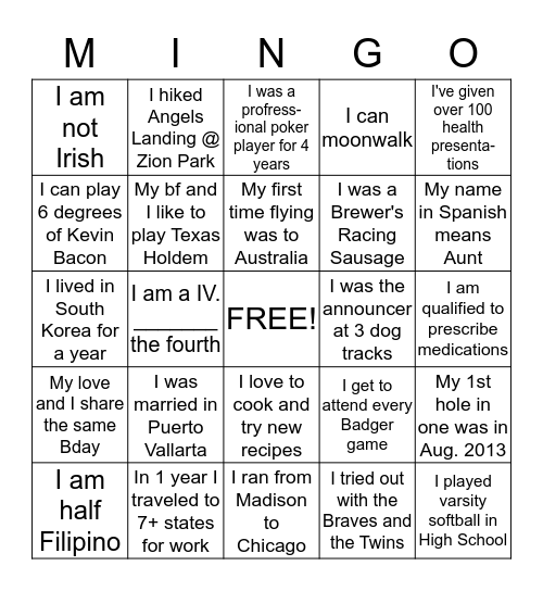 MINGLIN BINGO Card