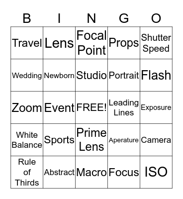 Photography Bingo Card