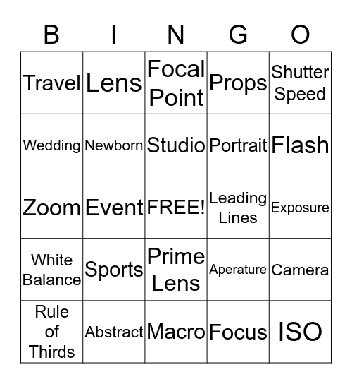 Photography Bingo Card