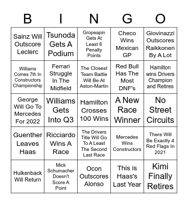 F1 2021 Wild Predictions Bingo Card