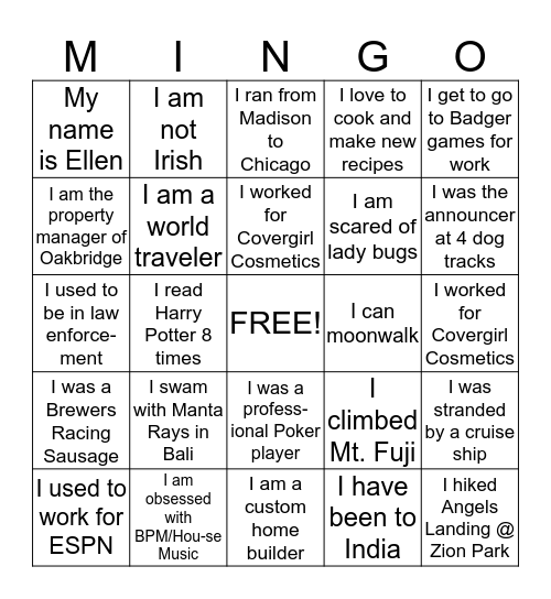 MINGLIN BINGO  Bingo Card