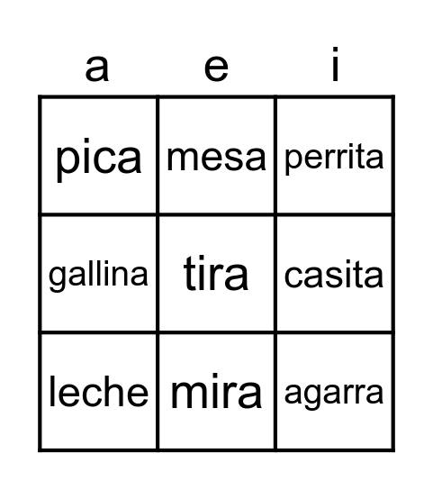Palabras con silabas de a-e-i Bingo Card