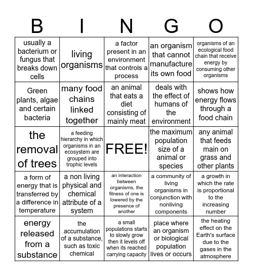 Vocabulary Review Game Bingo Card