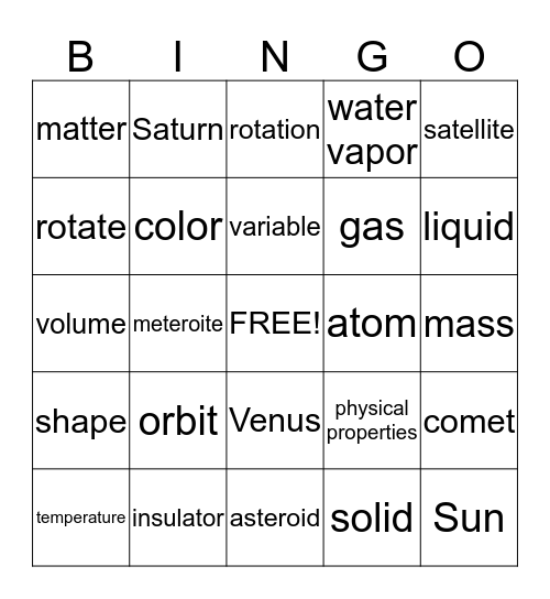 Solar System & States of Matter  Bingo Card