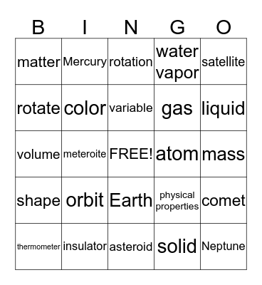 Solar System & States of Matter  Bingo Card