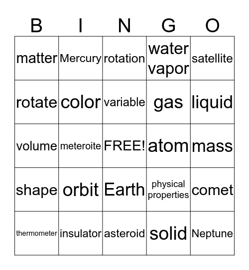 Solar System & States of Matter  Bingo Card