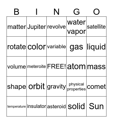 Solar System & States of Matter  Bingo Card