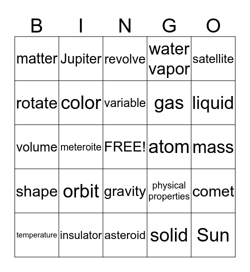 Solar System & States of Matter  Bingo Card