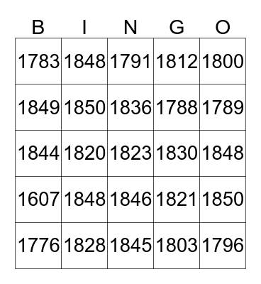US HISTORY DATES Bingo Card