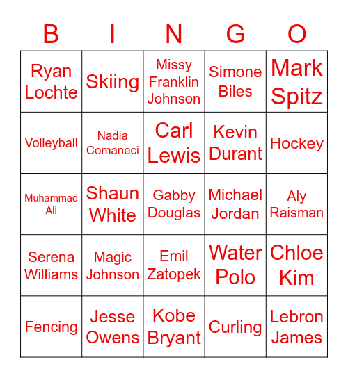 Olympic Bingo Card