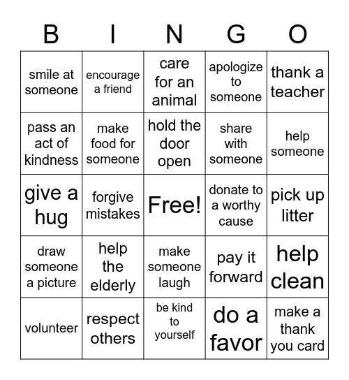 kindness Bingo Card