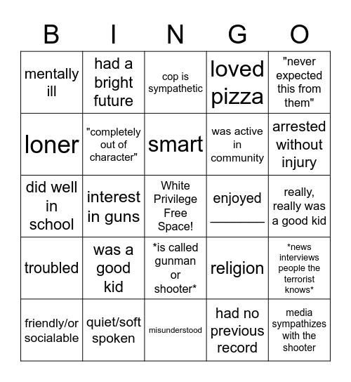 White Terrorist Bingo Card