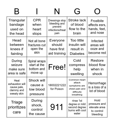 Emergency Care Bingo Card