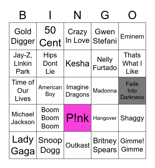 2000's Music Quiz Bingo Card