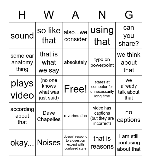 Hwang Bingo Card