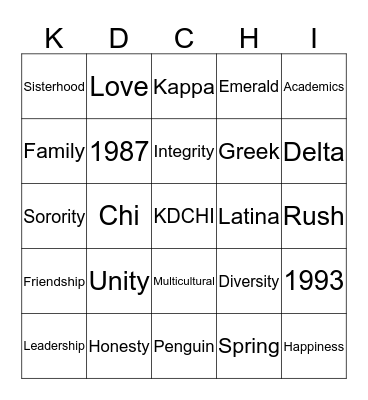 Kappa Delta Chi Bingo Card