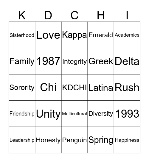 Kappa Delta Chi Bingo Card