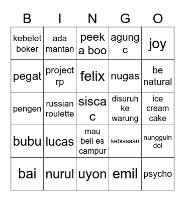 Sayang jungu Bingo Card