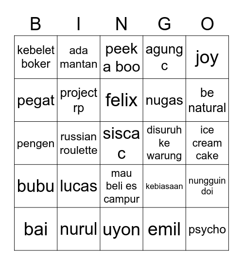Sayang jungu Bingo Card