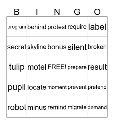 5.2: Words with Open Syllables Bingo Card