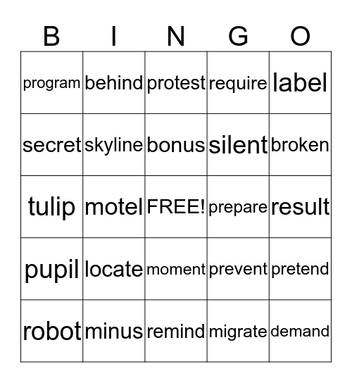 5.2: Words with Open Syllables Bingo Card