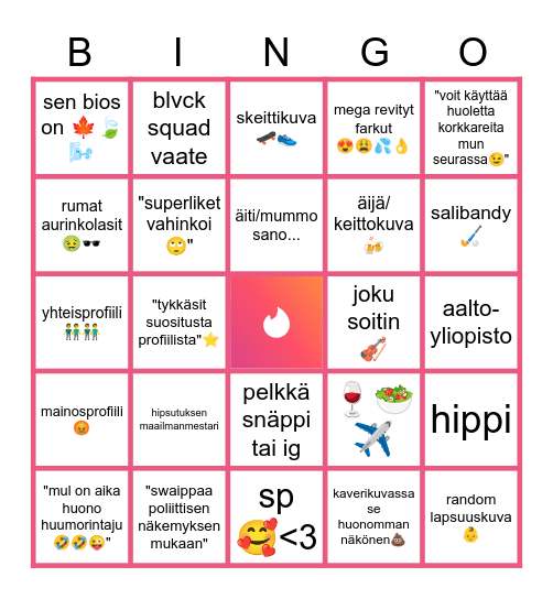 TINDER </3 Bingo Card